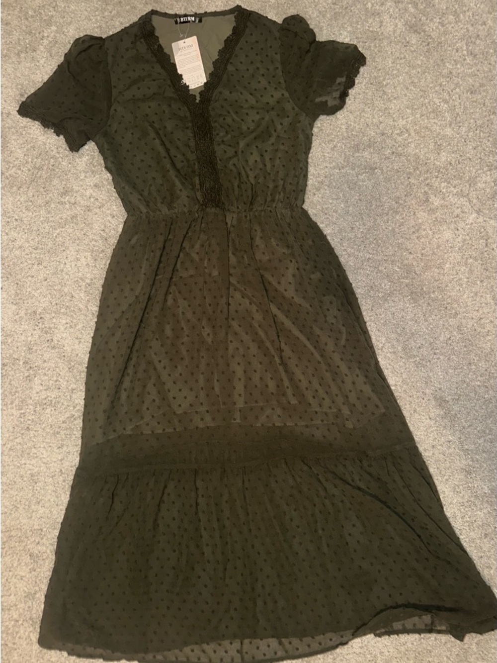Olive Green Swiss Dot Lace Trim Midi Dress - size small - NWT